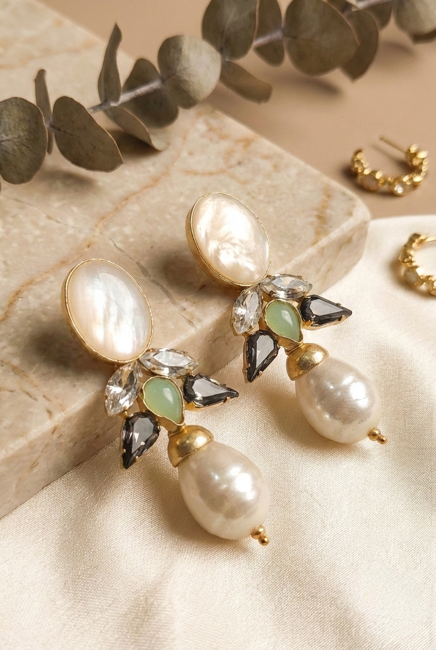 Jalparee Indo-Western Pearl & Crystal Drop Statement Earrings