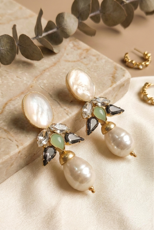 Jalparee Indo-Western Pearl & Crystal Drop Statement Earrings