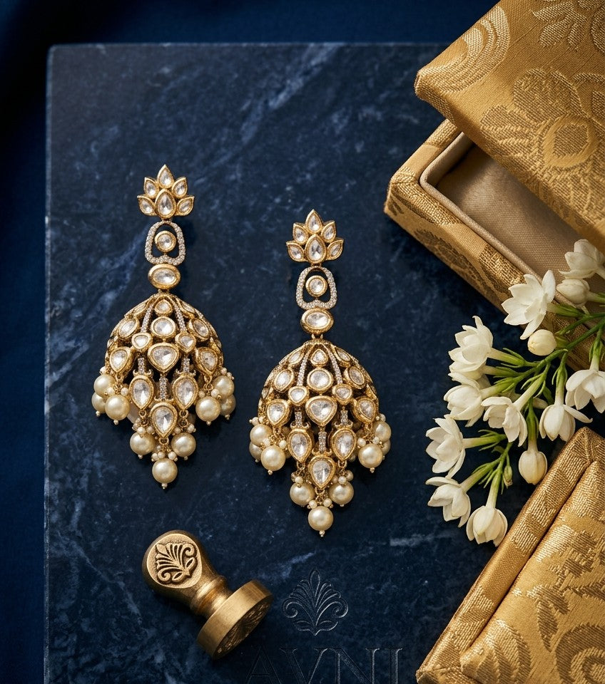 Zoya Royal Kundan & Pearl Jhumka Earrings with Floral Studs