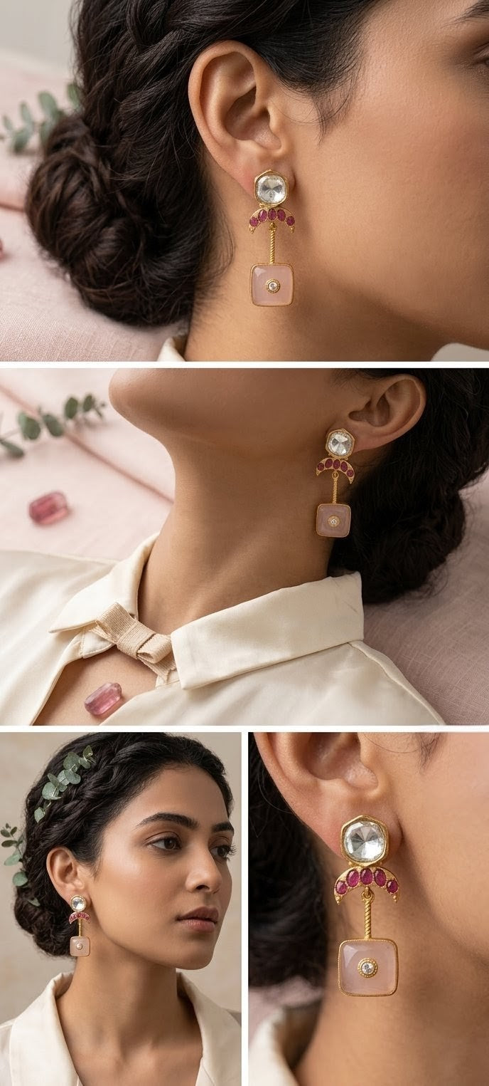 Regal Crescent Pink Stone Dangle Earrings by Jalparee