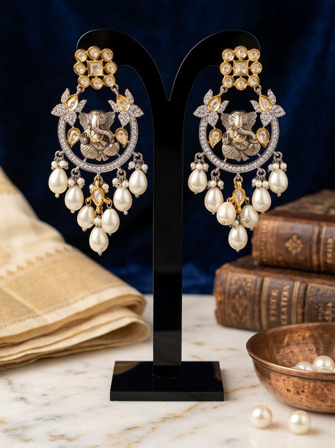 Jalparee Divine Ganesha Kundan & Pearl Traditional Chandelier Earrings