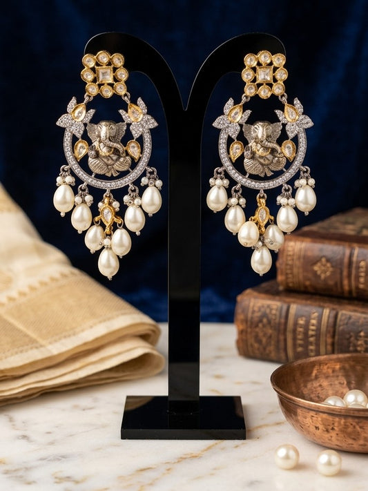 Jalparee Divine Ganesha Kundan & Pearl Traditional Chandelier Earrings