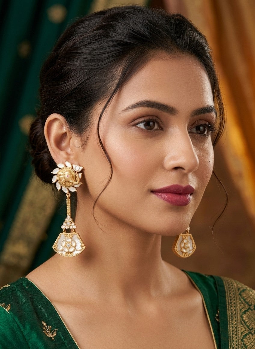 Ganesha Gold-Plated Kunda & Pearl Traditional Chandelier Earrings by Jalparee