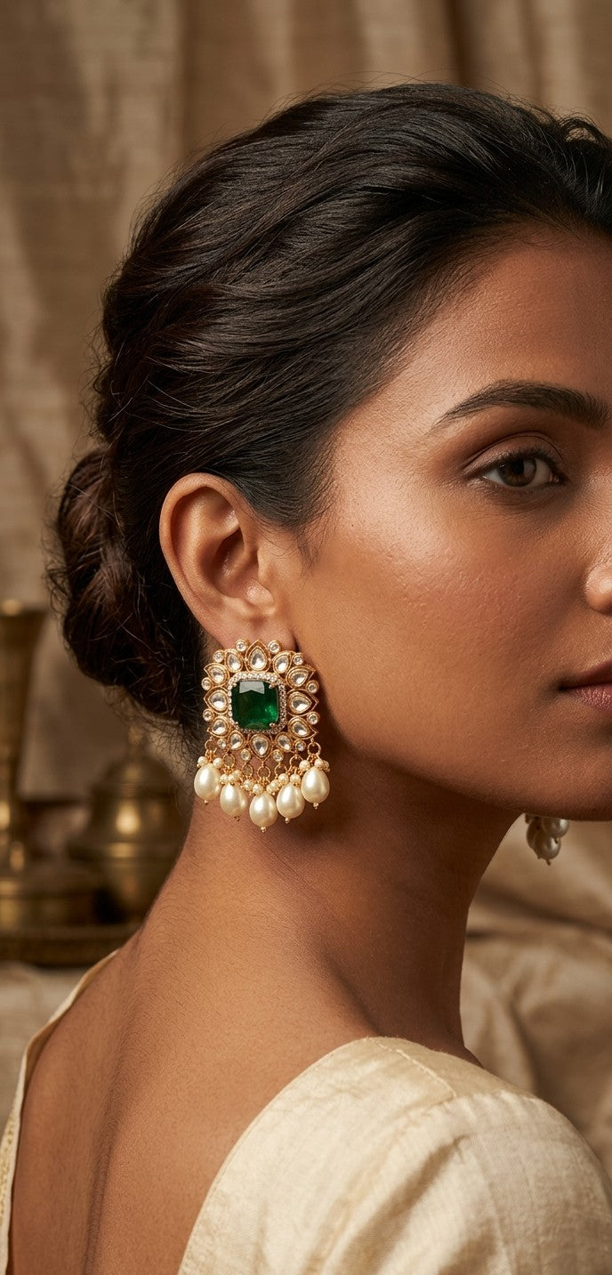 Jalparee Heritage Collection: Regal Emerald-Green Polki Cushion & Pearl Cluster Chandelier Earrings