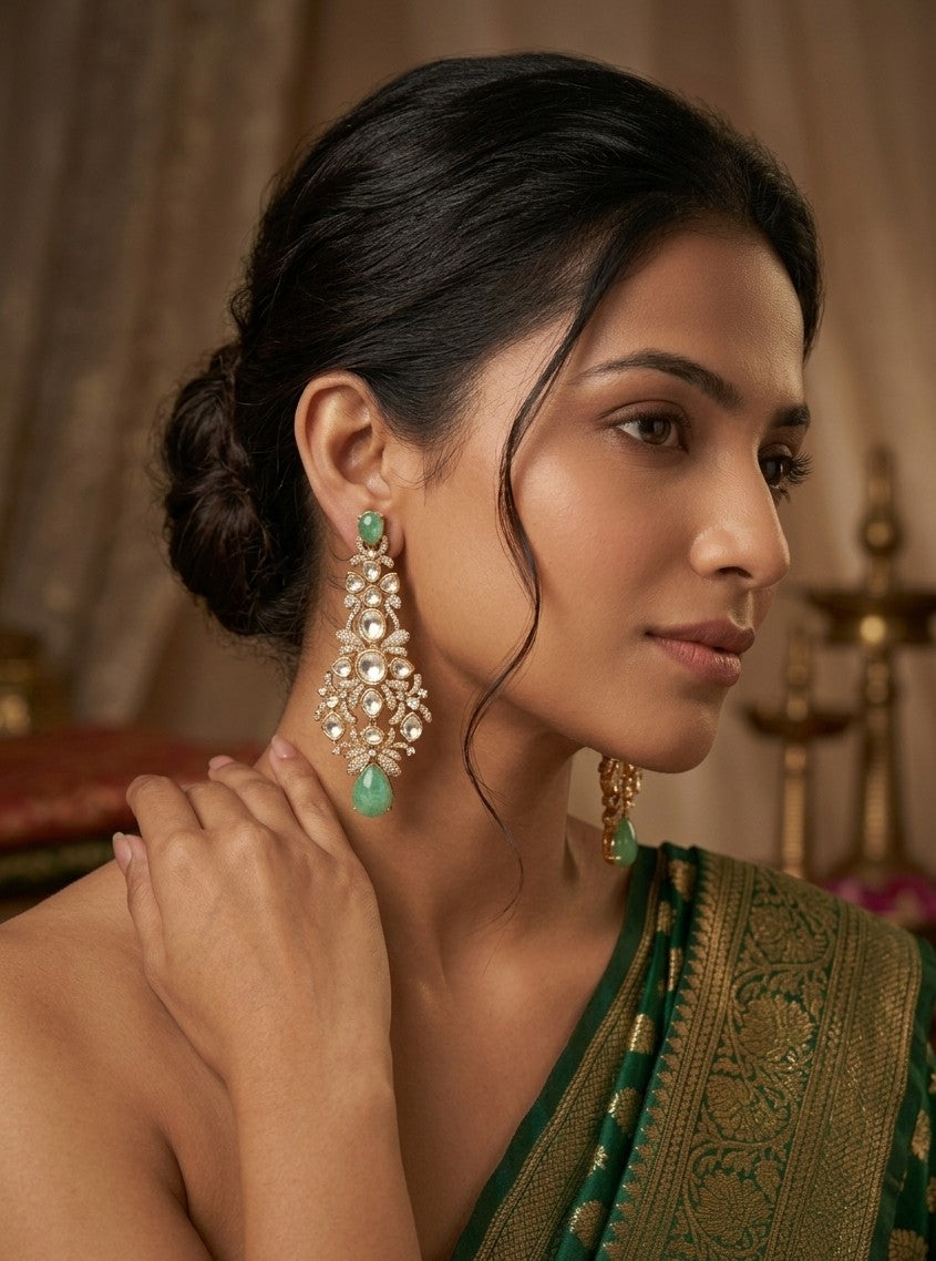 Jalparee Kundan and Emerald Chandbali Style Dangle Earrings