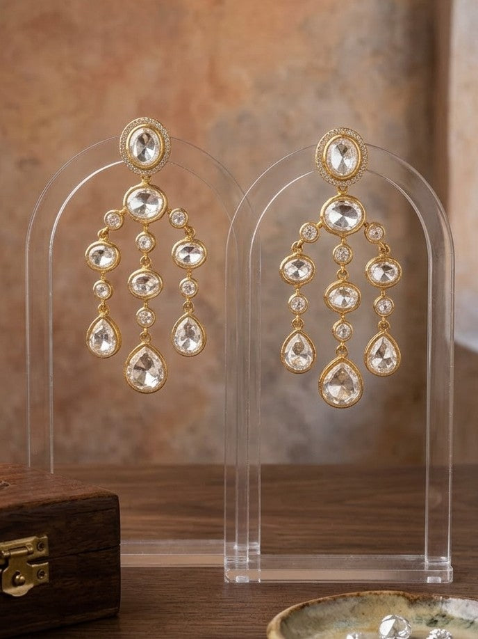 Jalparee Kundan Dangle Chandelier Earrings - Polki Style Drops with Pave Accent and Openwork