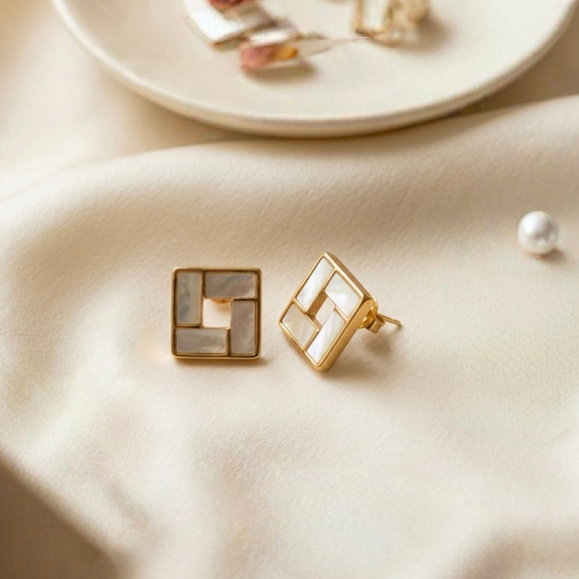 Jalparee Elegant Geometric Mother of Pearl Square Stud Earrings