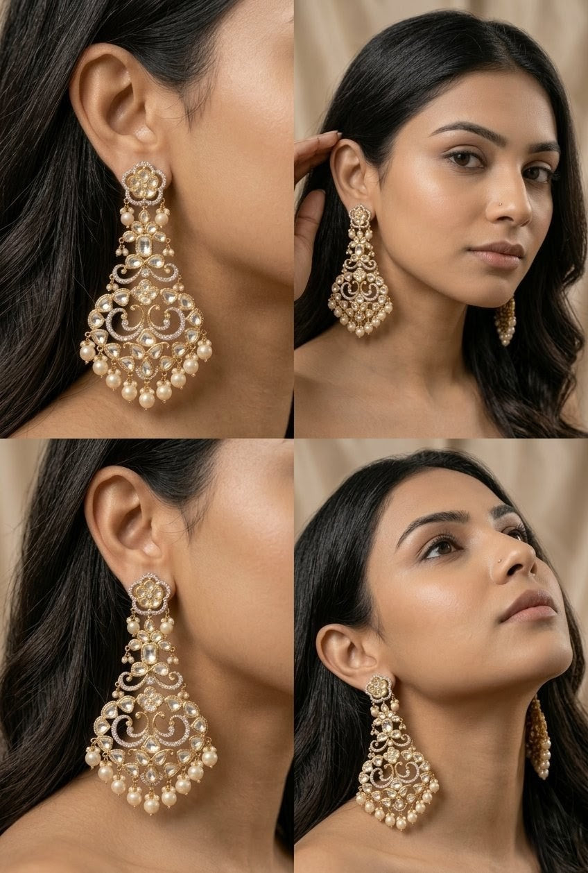 Jalparee Majestic Kundan and Pearl Chandelier Dangler Earrings