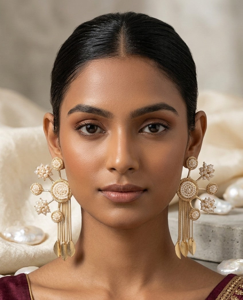 Jalparee Regal Gold-Plated Filigree & Pearl Medallion Statement Earrings with Cascading Tassels