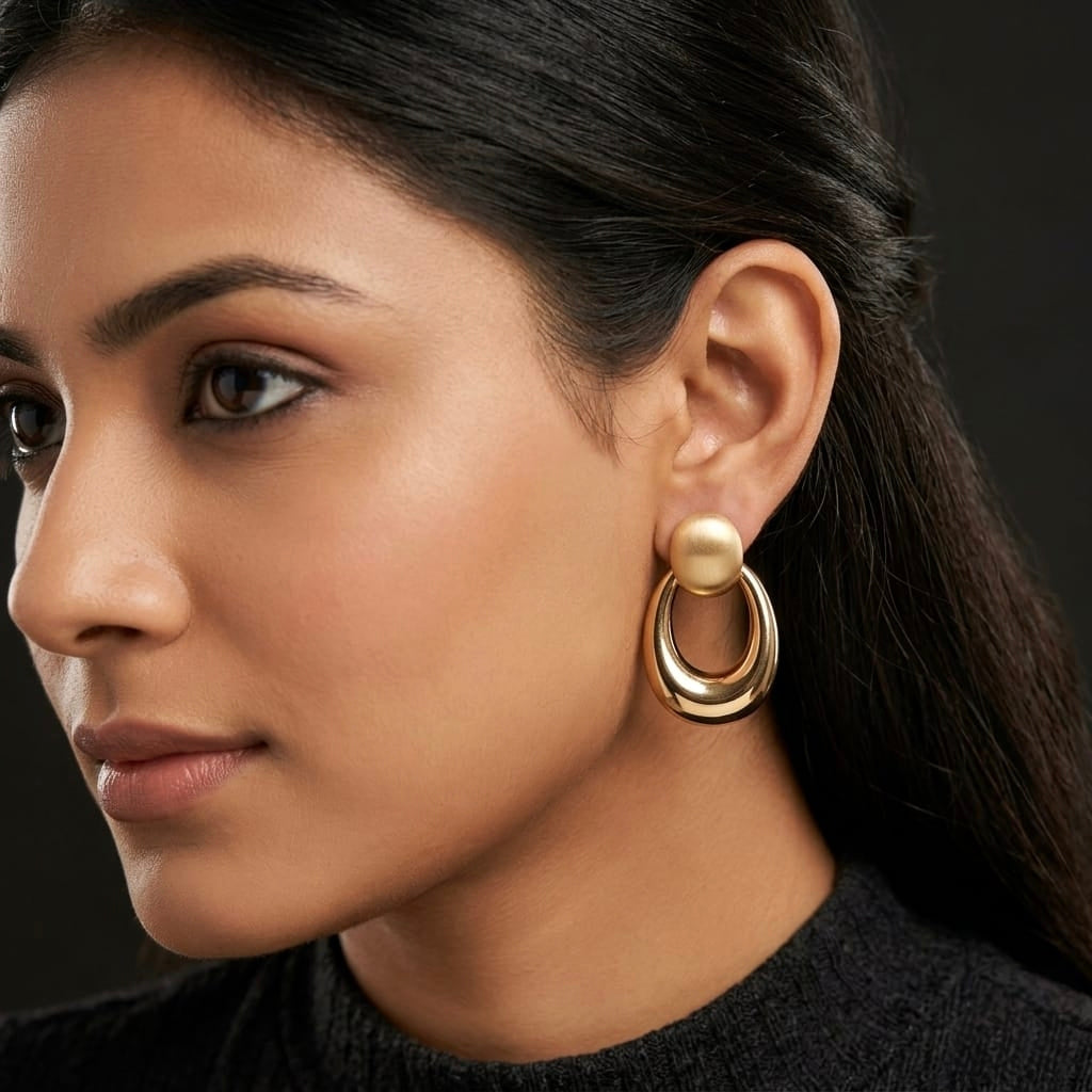 Jalparee Aurelia Matte & Glossy Dual-Texture Golden Oval Drop Earrings