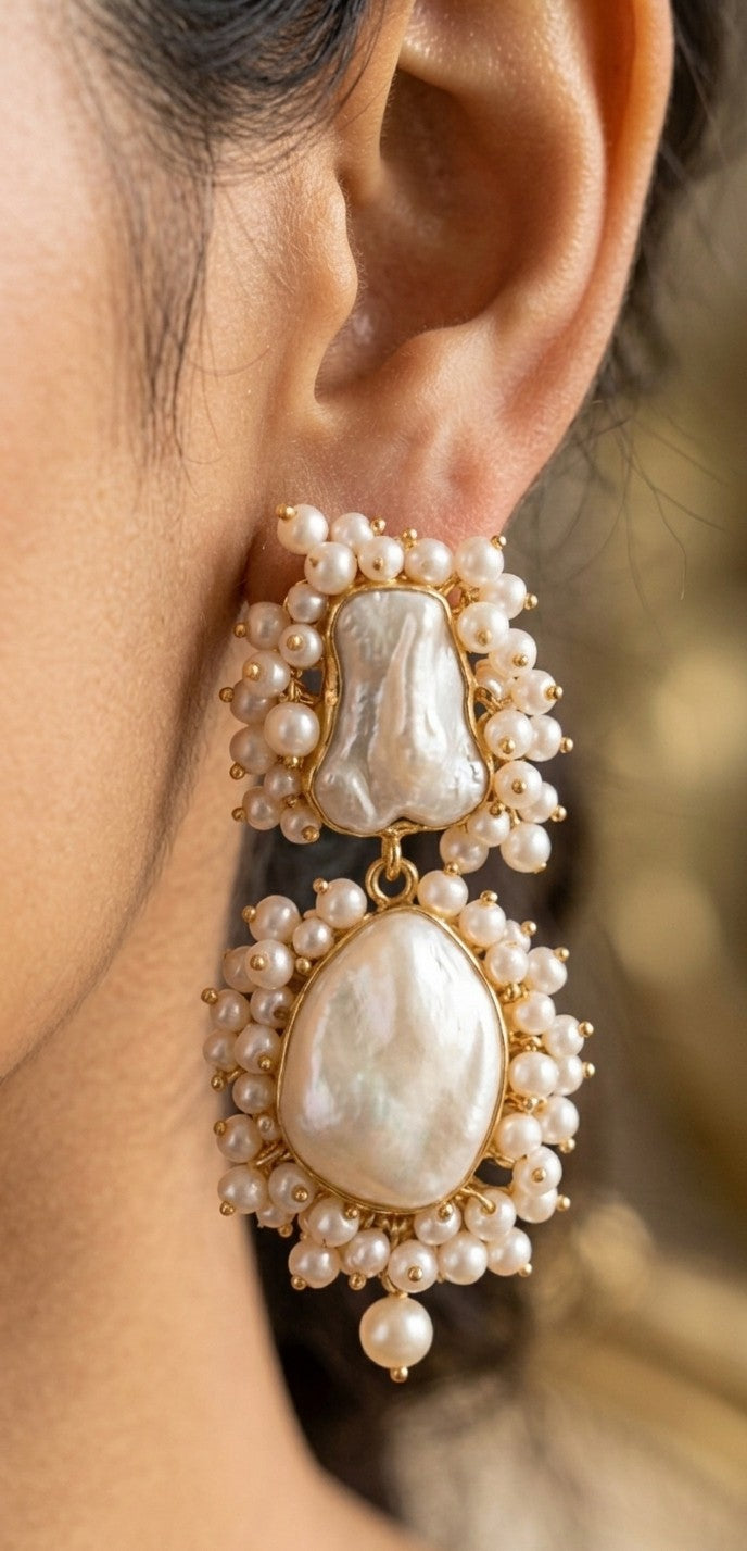 Jalparee Chandbali Double-Tier Pearl Hoop Earrings with Intricate Seed Pearl Clusters