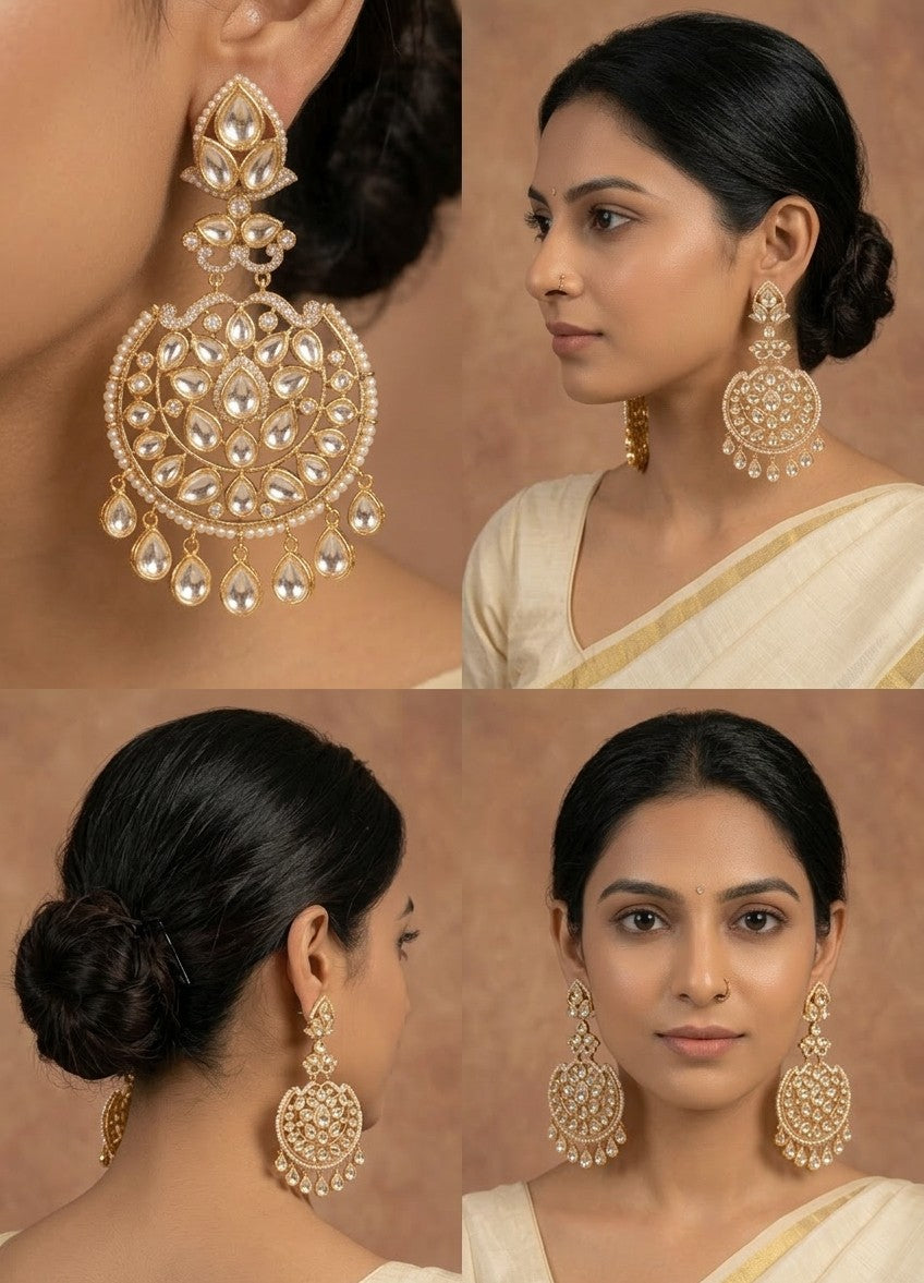 Jalparee Kundan and Pearl Chandelier Earrings in Gold