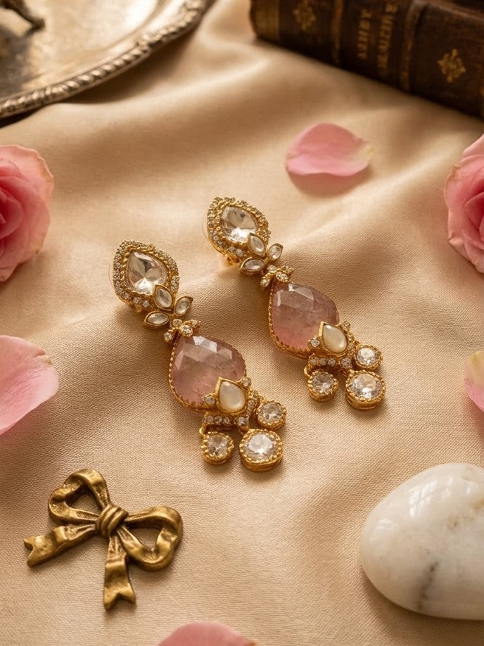 Jalparee Handcrafted Kundan & Rose-Hued Teardrop Traditional Drop Earrings