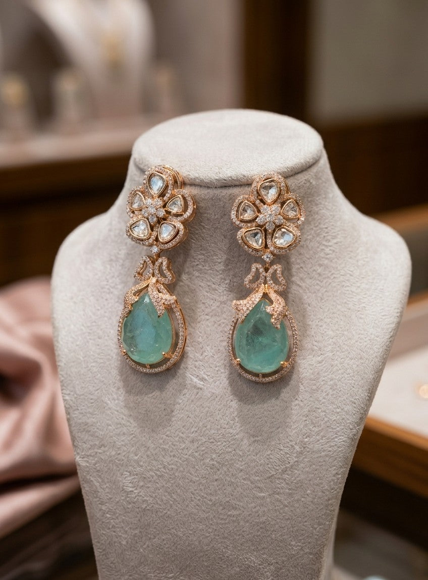 "The Jalparee Kundan-Rose Gold Earring with Faux-Aura Aura Beryl Teardrops"