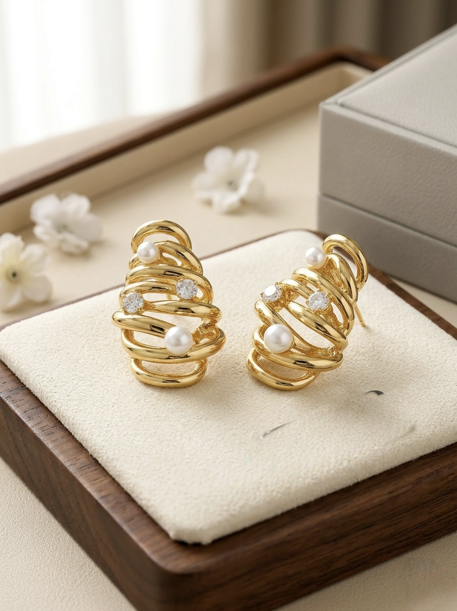 Jalparee Aura Contemporary Golden Nest Earrings with Delicate Pearls & Accents