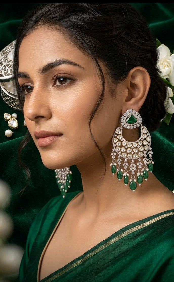 Jalparee Heritage Emerald & Polki Chandbali Chandelier Earrings