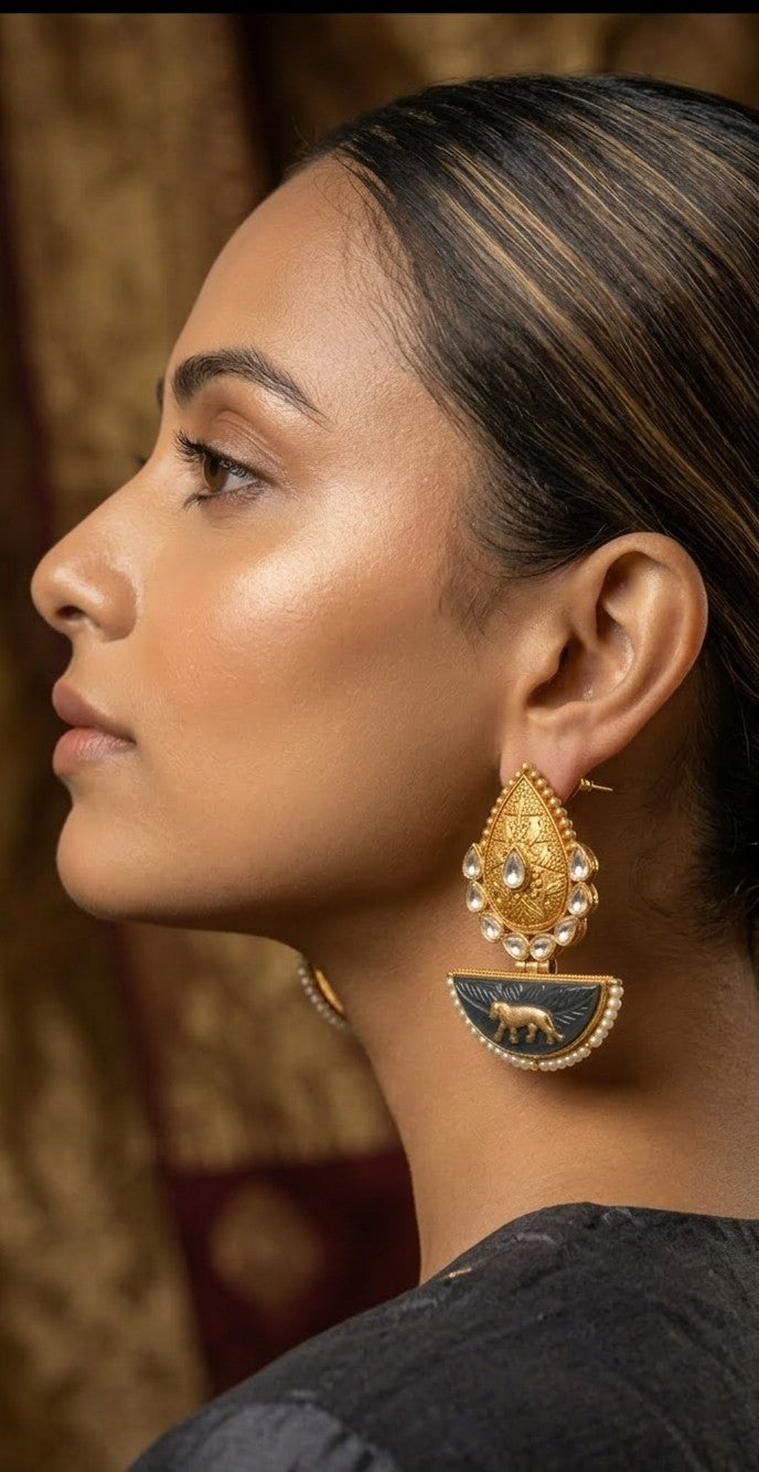 Jalparee Kundan and Meenakari Lion Motif Dangler Earrings