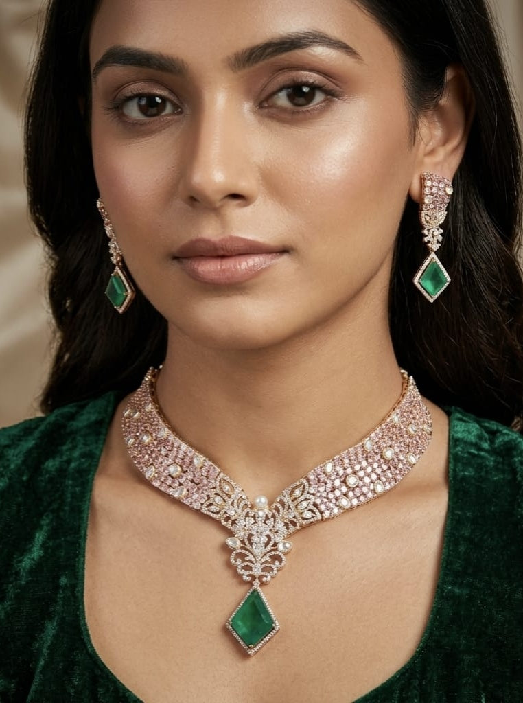 Imperial Emerald-Green & Blush Pink Rose Gold Plated Necklace Set with Drop Earrings