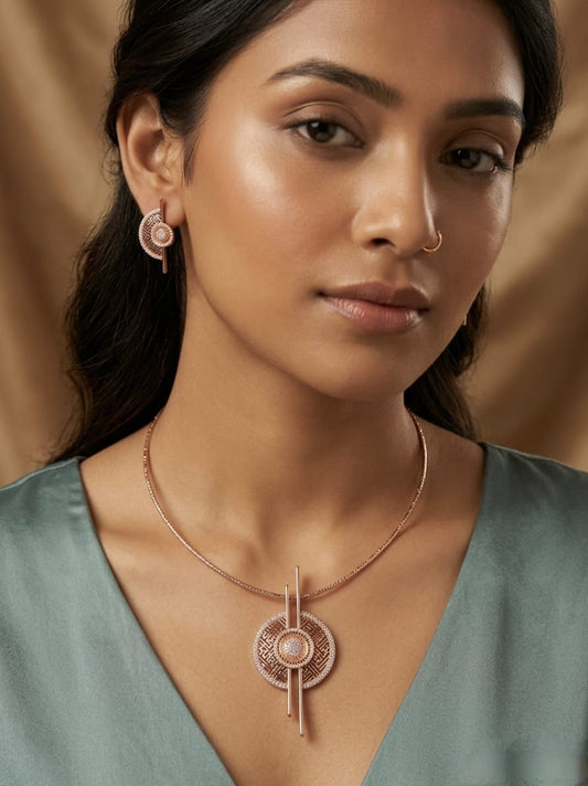 Geometric Rose Gold Pendant & Earring Set with Intricate Filigree and Crystal Accents