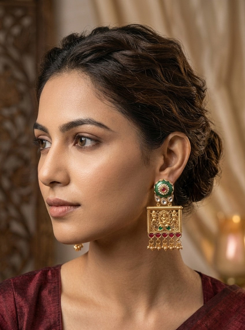Jalparee ‘Virasat’ Kundan & Meenakari Temple Dangle Earrings with Red Bead Drops