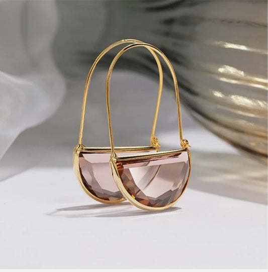 Modern Geometric Half Moon Pink Stone Hoop Earrings
