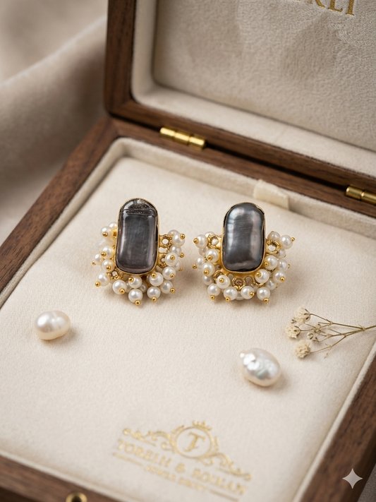 Twilight Radiance: Handcrafted Grey Baroque Pearl Stud Earrings
