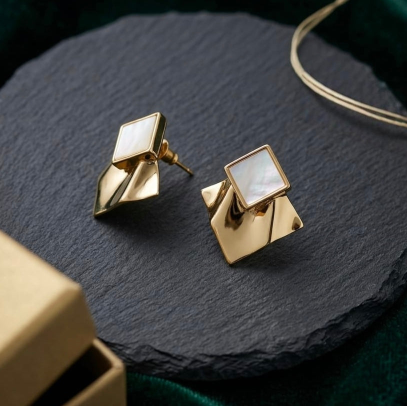 Jalparee Geometric Mother of Pearl Stud Earrings – Gold Plated Abstract Wave Statement Earrings for Women