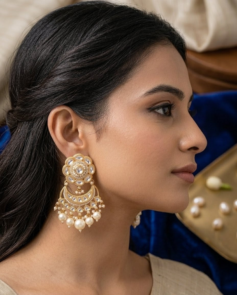 Jalparee Regal Gold-Plated Kundan and Pearl Chandbali Earrings