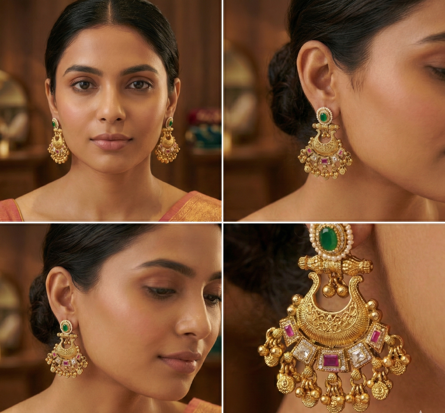 Jalparee Heritage Crescent Jhumka Earrings – Traditional Gold-Plated Chandbalis with Emerald and Ruby Accents
