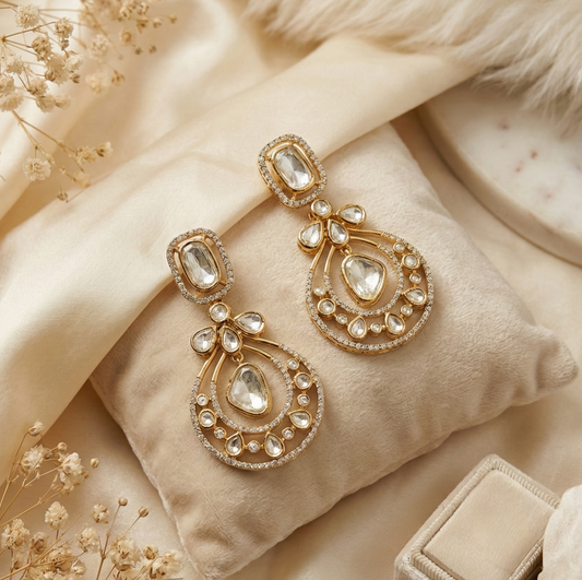 The Noor Chandbali Polki Earrings – Antique Gold Finish with Kundan Accents