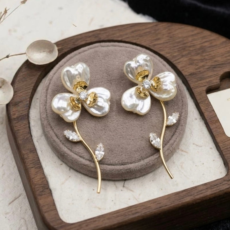 Jalparee Mother of Pearl Floral Drop Earrings with Gold Stems and Marquise Accents