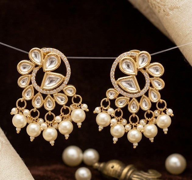Jalparee Kundan and Pearl Filigree Swirl Chandbali Earrings