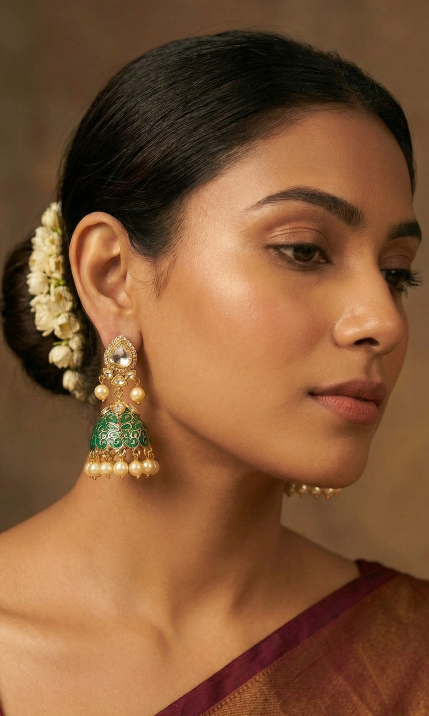 Jalparee Elegant Emerald Green Meenakari Jhumka Earrings