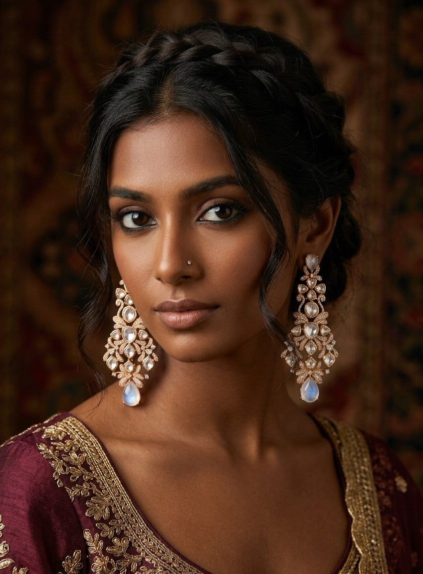 Eliza Moonstone Chandbali Earrings in Kundan Setting by Jalparee