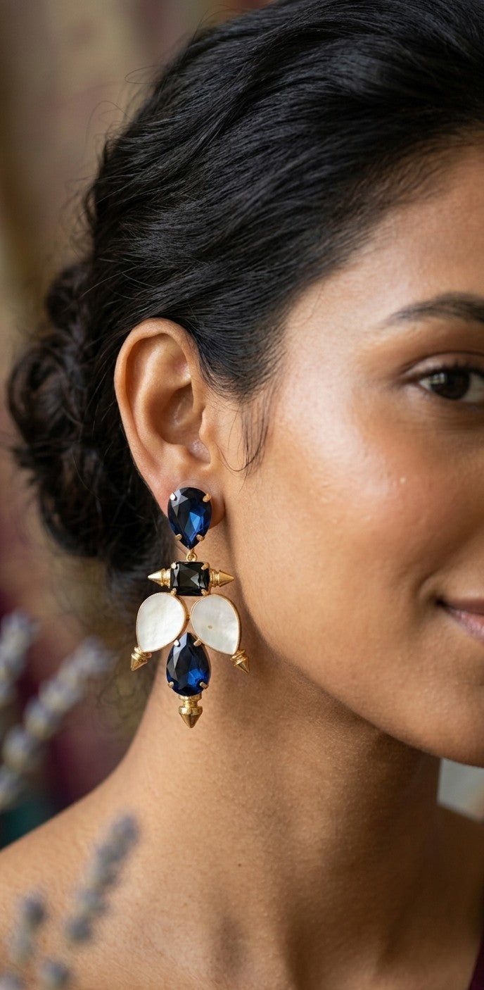 Aurelia Blossom: Royal Blue Crystal & Mother of Pearl Gold Spike Earrings by Jalparee