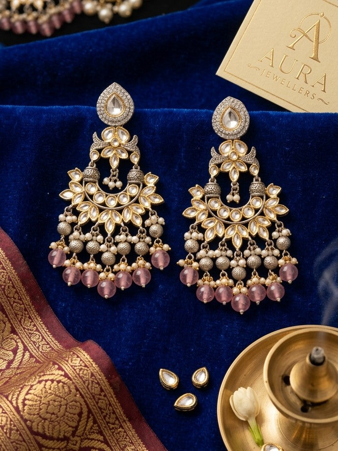 Jalparee Exquisite Kundan, Seed Pearl, and Mauve-Pink Bead Chandbali Jhumka Earrings