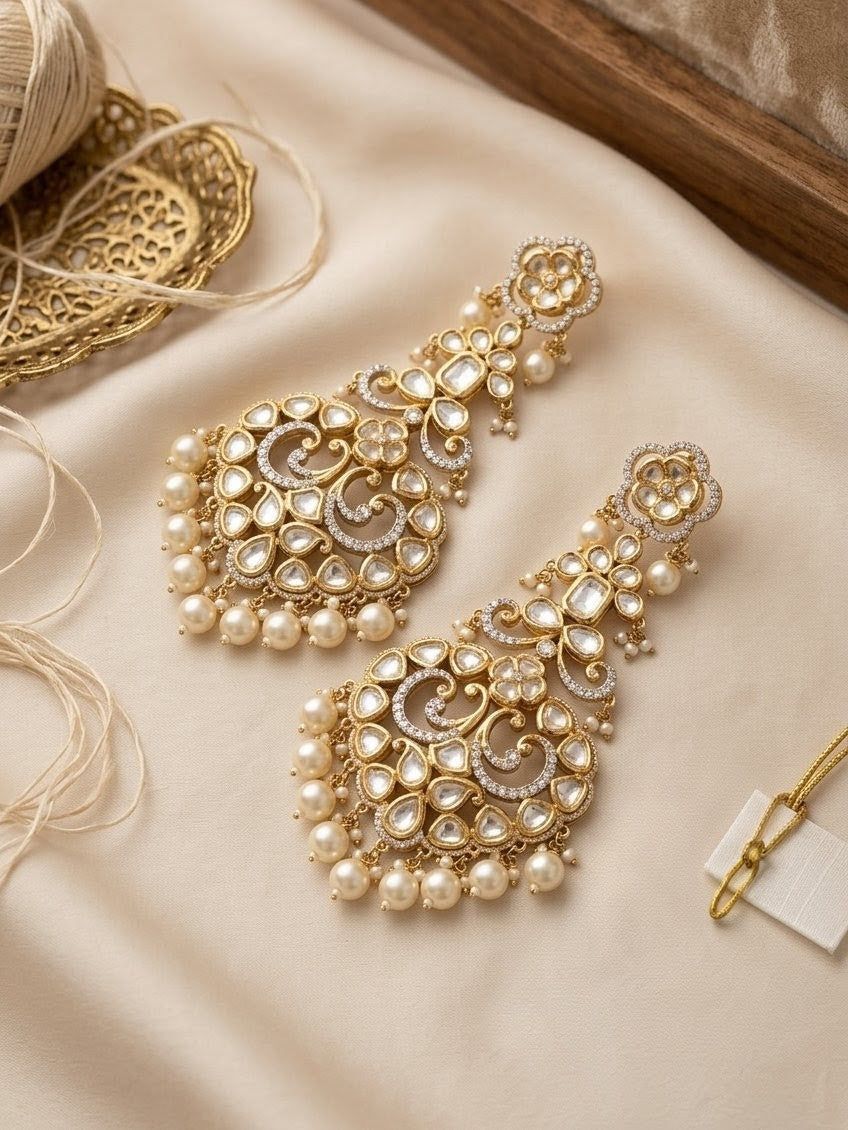 Jalparee Majestic Kundan and Pearl Chandelier Dangler Earrings