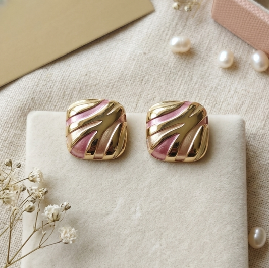 Jalparee Aura Pastel Pink & Gold Grooved Square Studs