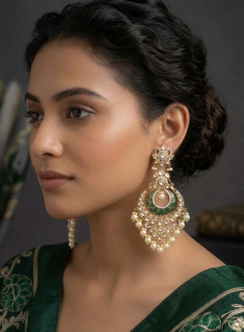Jalparee Kundan and Pearl Chandbali Earrings with Emerald Meenakari Work