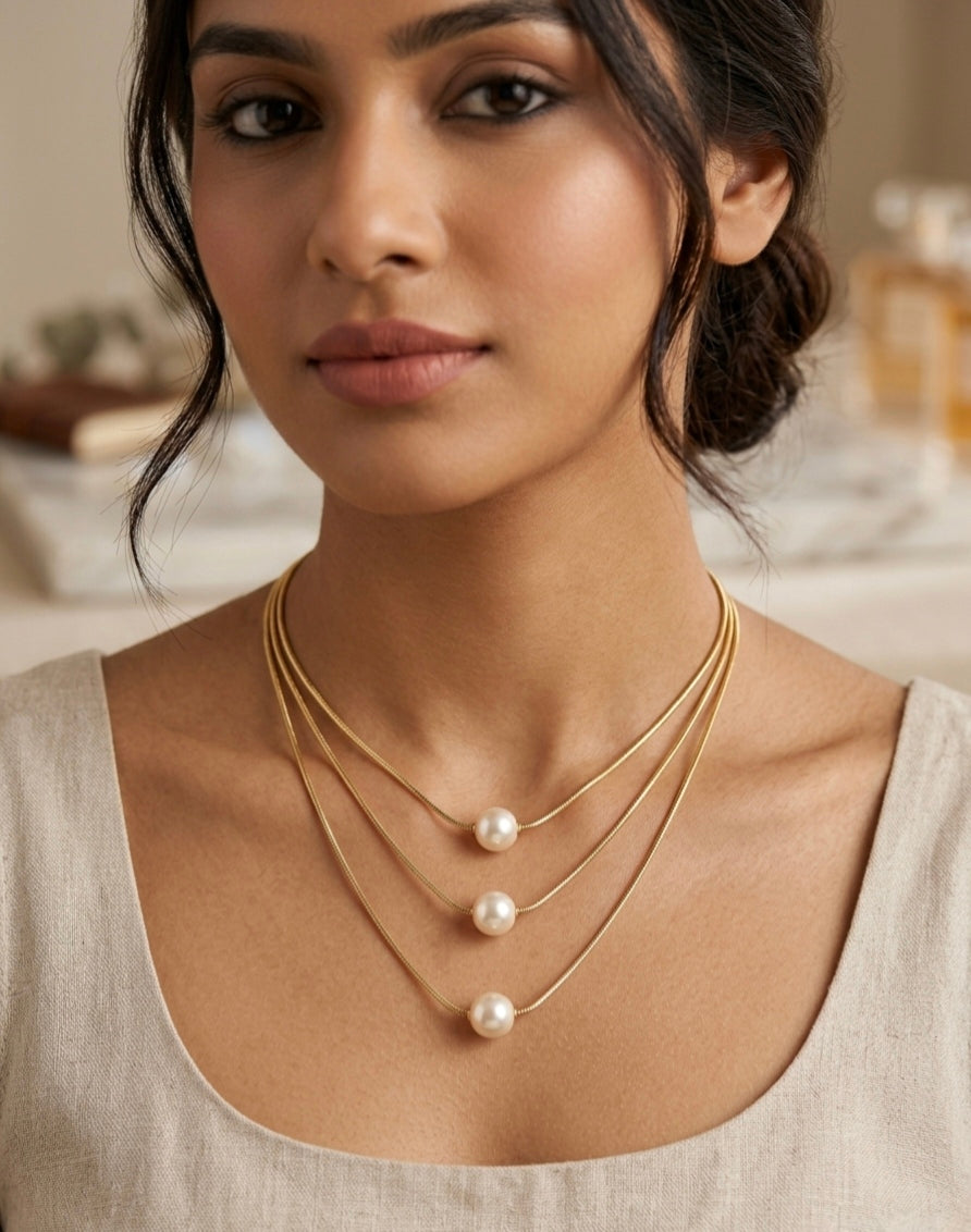 Jalparee Elegant 3-Layered Gold-Toned Pearl Pendant Necklace | Chic Western Layered Snake Chain for Women