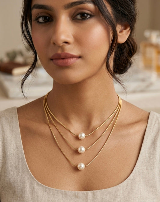 Jalparee Elegant 3-Layered Gold-Toned Pearl Pendant Necklace | Chic Western Layered Snake Chain for Women