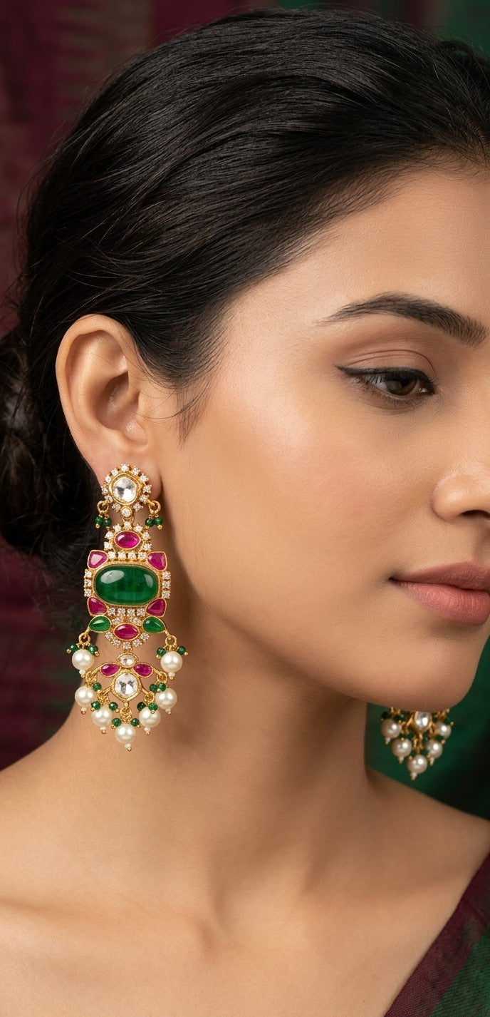 Jalparee 'Emerald & Ruby Regal Kundan-Style Chandelier Earrings with Cascading Pearls'