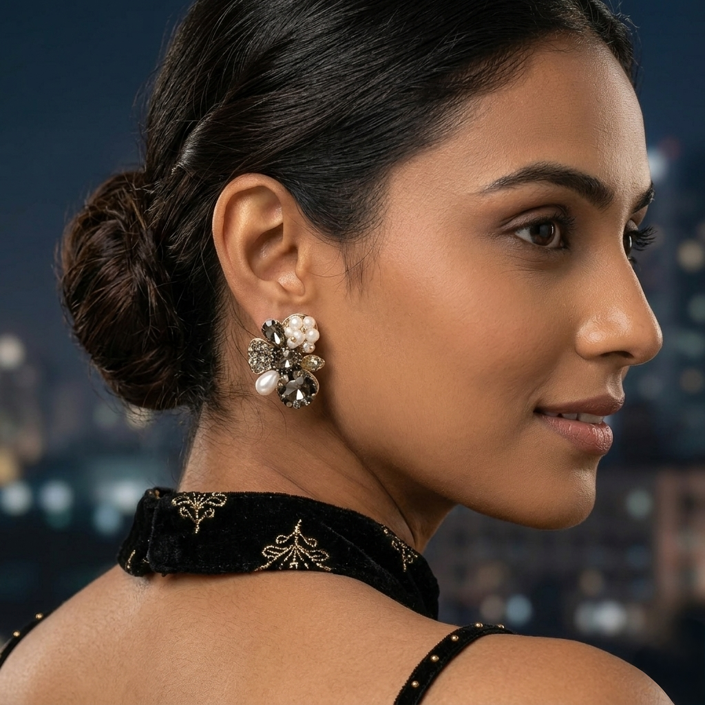 Jalparee Elegant Floral Cluster Stud Earrings with Pearls and Smoked Crystals