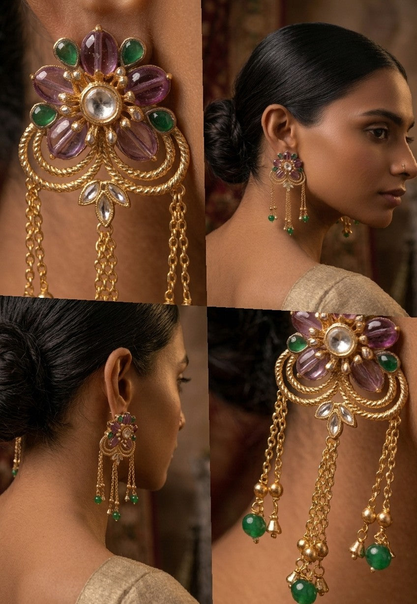 Jalparee Kundan Flower Chandbali Earrings with Purple & Emerald Drop Chains