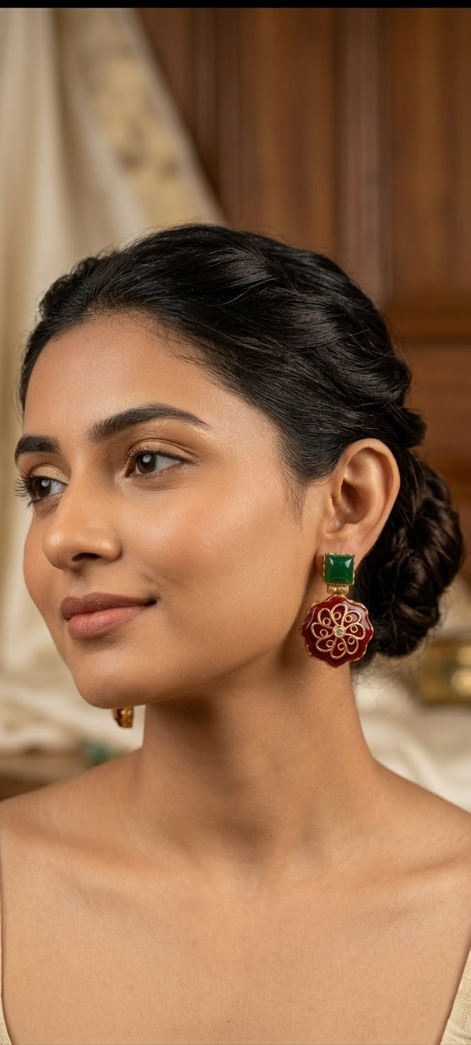 Jalparee Traditional Handcrafted Indian Gold-Plated Emerald and Ruby Enamel Filigree Dangle Earrings