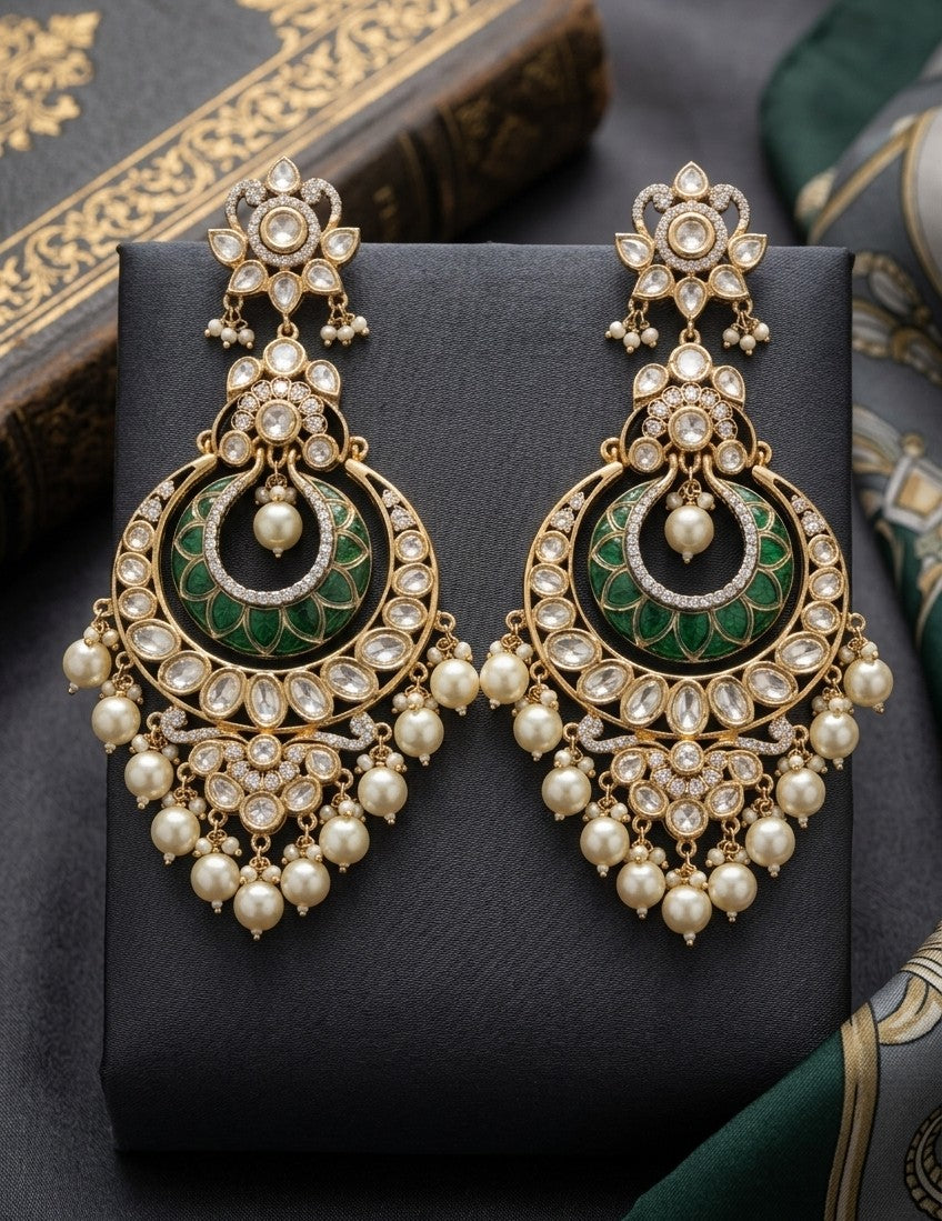 Jalparee Kundan and Pearl Chandbali Earrings with Emerald Meenakari Work