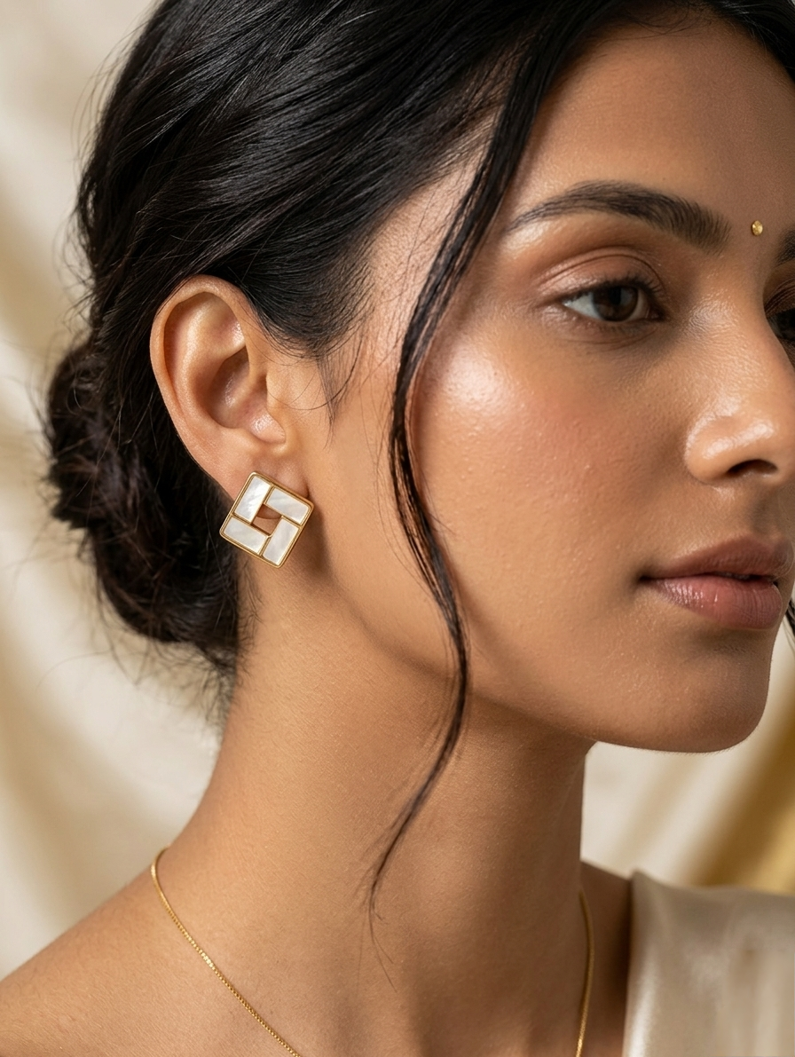 Jalparee Elegant Geometric Mother of Pearl Square Stud Earrings