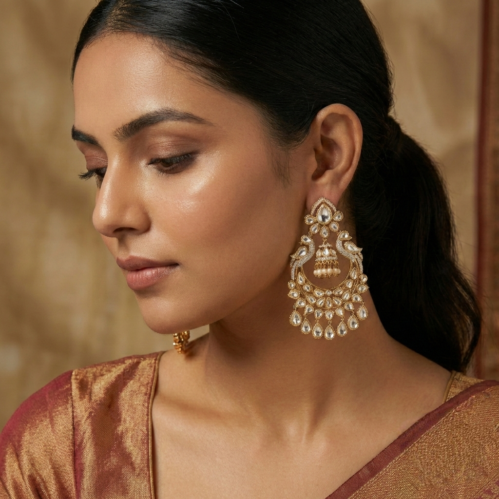 Jalparee Gold-Toned Kundan & Pearl Statement Chandbali Earrings with Central Jhumka