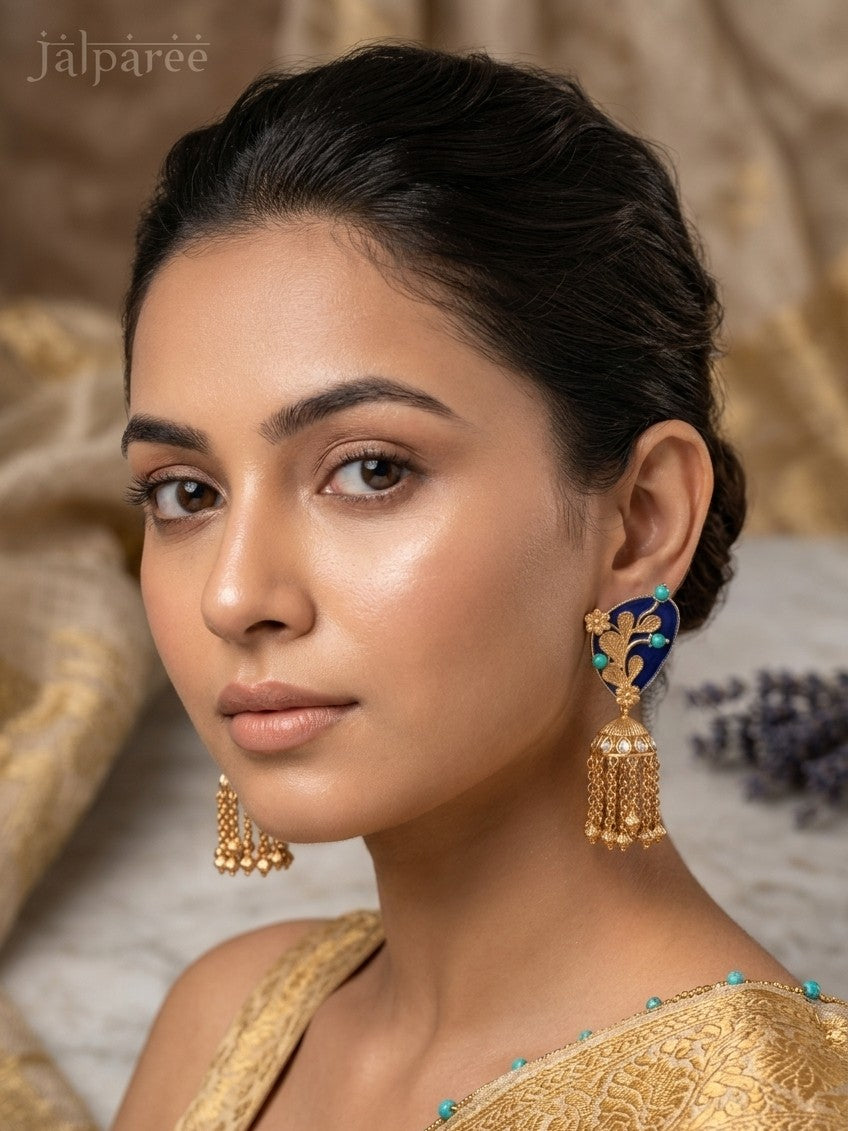 Jalparee Traditional Blue & Gold Jhumka Earrings - Temple Jewellery, Handcrafted Kundan