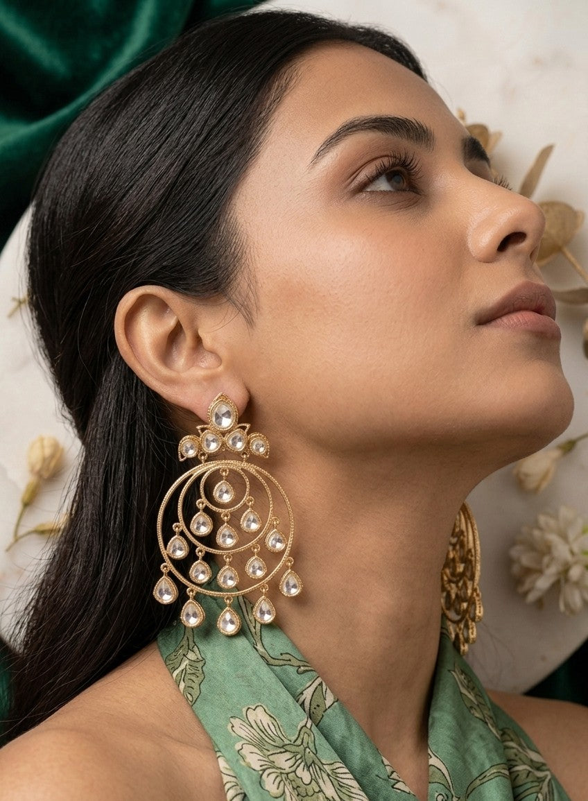 Jalparee "Virasat" Kundan Gold Plated Multi-Tiered Hoop Earrings with Teardrop Dangles